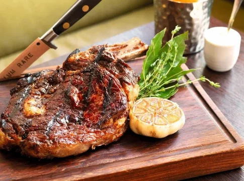 Decorated and served steak