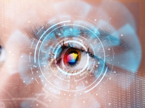 Future woman with cyber technology eye panel concept