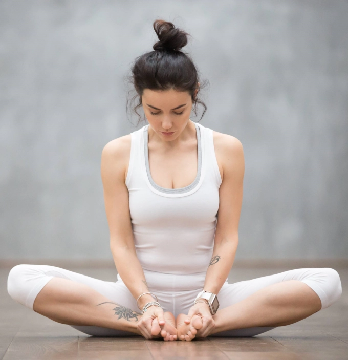 The woman is stretching