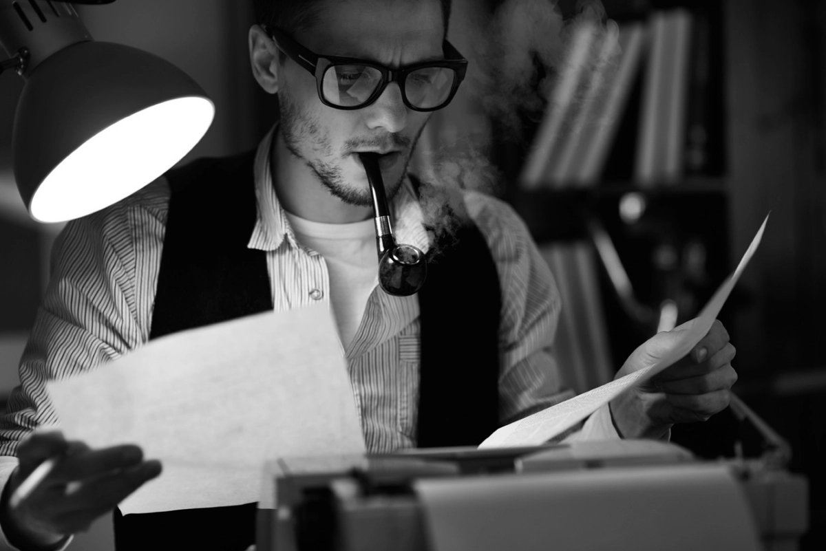 The writer smokes his pipe and reads his work The writer smokes his pipe and reads his work