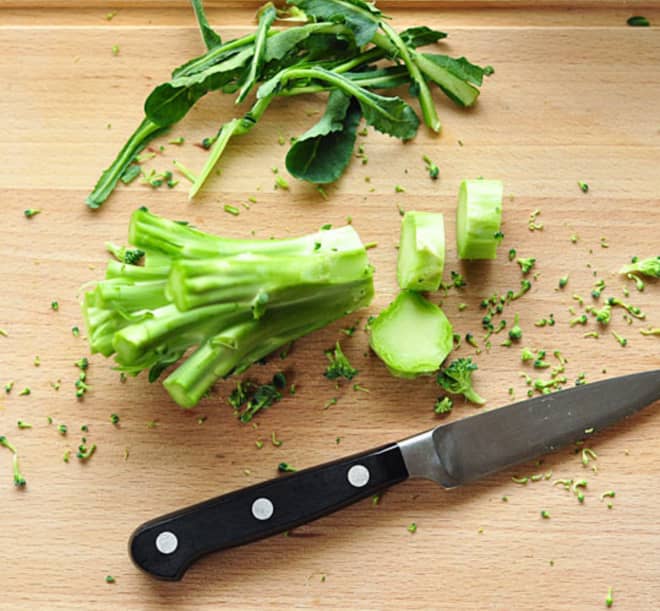 Trim and slice the broccoli stem